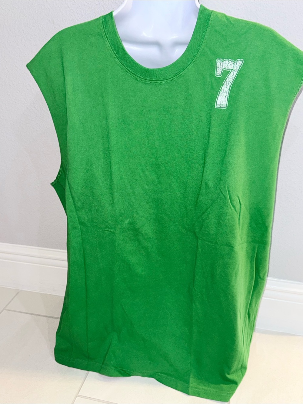 Express mens Green Sleeveless Tank with White '7' Graphic